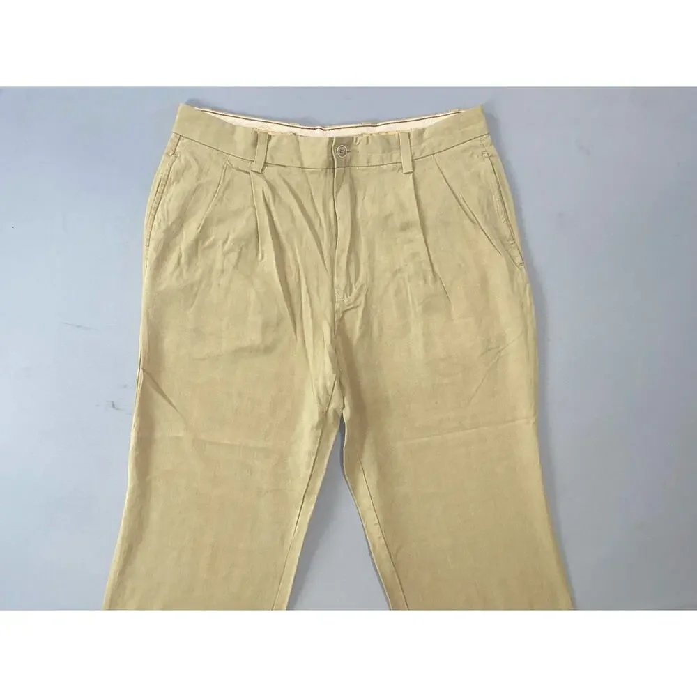 Tommy Bahama Silk/Bamboo Rayon Pleated Chino Pants. Beige Herringbone, 32X29 GUC